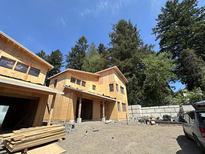 Modern custom home framed and sheathed with clerestory window openings